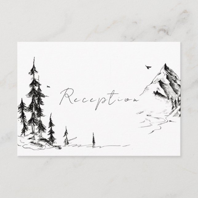 Hand-drawn Forest & Mountain Wedding Reception Enclosure Card (Front)