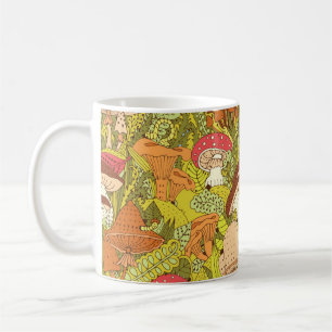 Hand drawn forest pattern with different types of coffee mug