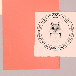 Hand-drawn Fox Round Family Name Return Address Rubber Stamp