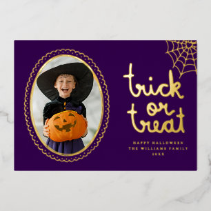 Hand Drawn Frame Trick Or Treat Halloween Photo Foil Holiday Card