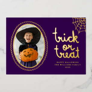 Hand Drawn Frame Trick Or Treat Halloween Photo Foil Holiday Card