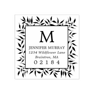 Hand Drawn Framed Laurel Leaves Monogram Address Rubber Stamp
