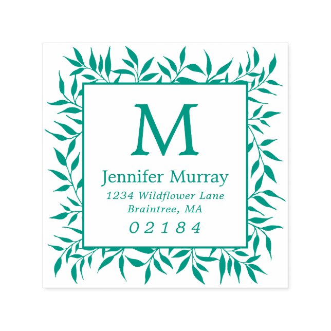 Hand Drawn Framed Laurel Leaves Monogram Address Self-inking Stamp (Design)