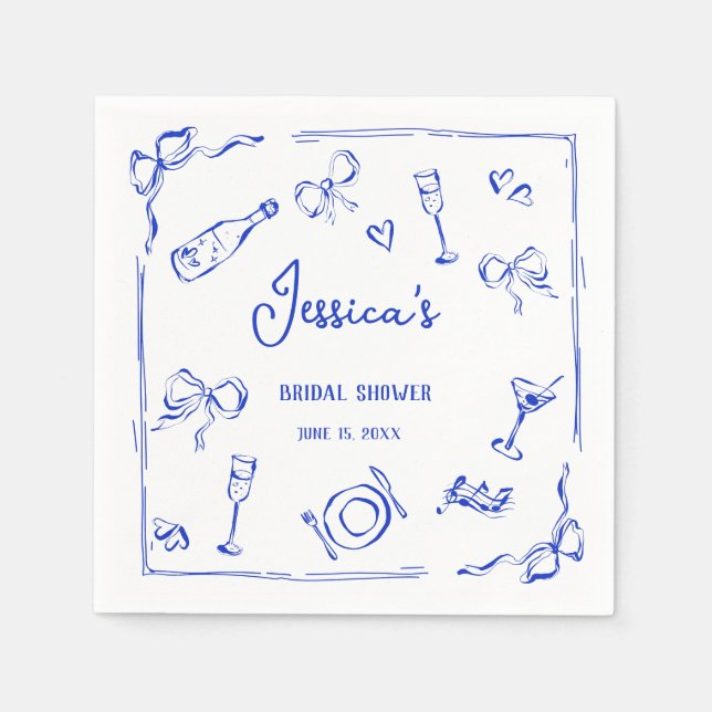 Hand Drawn French Blue Bridal Brunch French Bow In Napkin (Front)