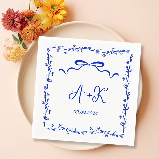 Hand Drawn French Blue Wedding Monogram Napkin (Creator Uploaded)