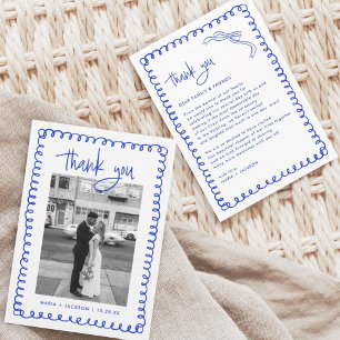 Hand Drawn French Blue Wedding Photo Thank You Card