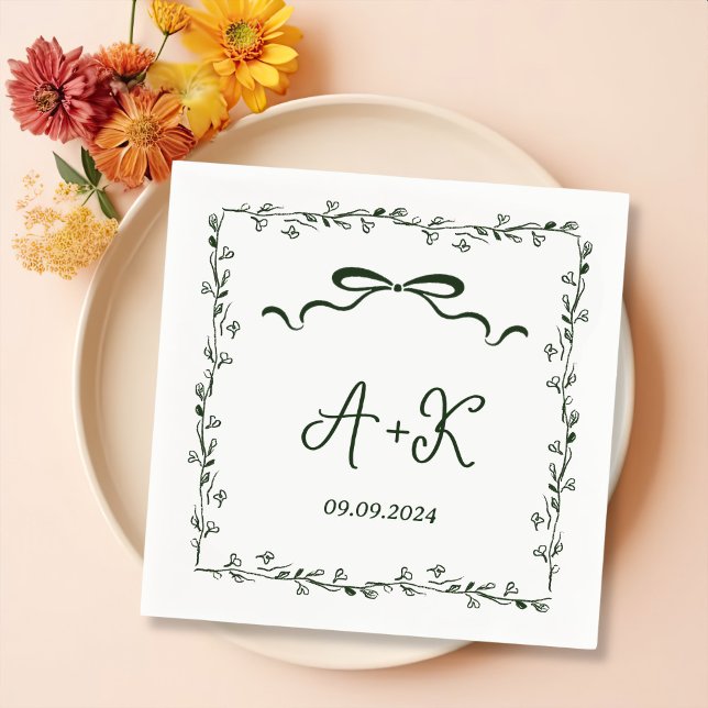 Hand Drawn French Green Wedding Monogram Napkin (Creator Uploaded)
