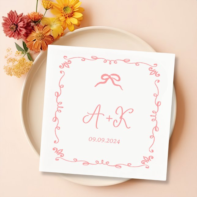 Hand Drawn French Pink Wedding Monogram Napkin (Creator Uploaded)