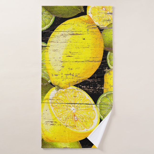 Hand drawn fresh lemon pattern on wood texture bath towel (Bath Towel)