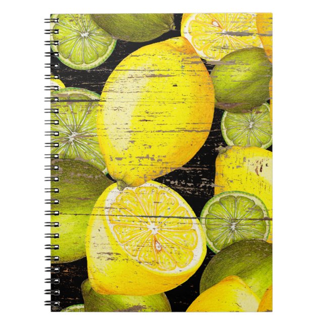 Hand drawn fresh lemon pattern on wood texture notebook (Front)