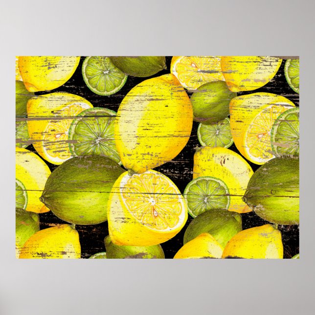 Hand drawn fresh lemon pattern on wood texture poster (Front)