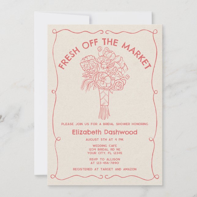 Hand Drawn Fresh Off Market Coral Bridal Shower Invitation (Front)