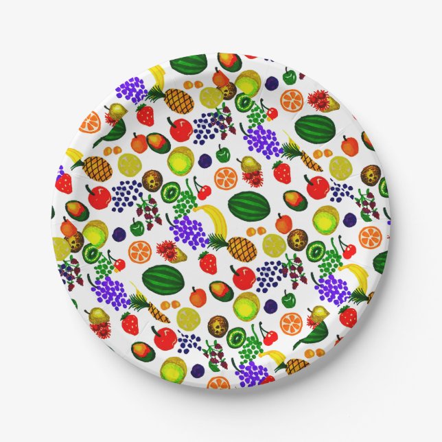 Hand Drawn Fruit Medley Pattern Paper Plate (Front)