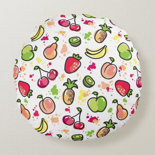 hand drawn fruits pattern round cushion (Front)
