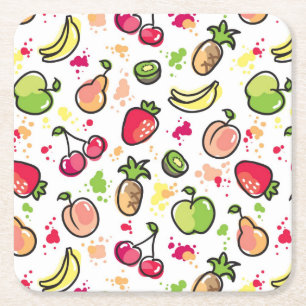 hand drawn fruits pattern square paper coaster