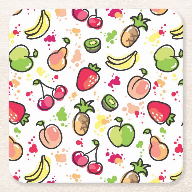 hand drawn fruits pattern square paper coaster (Front)