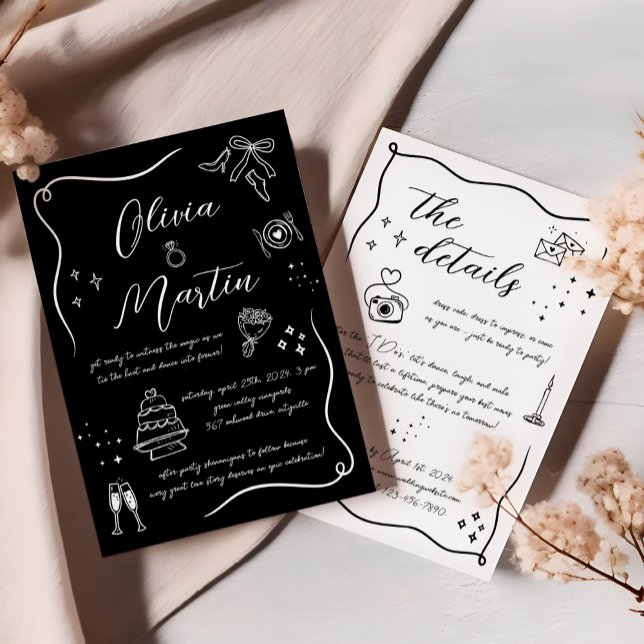 Hand drawn Fun Doodle Black and White Wedding Invitation (Creator Uploaded)