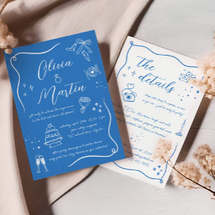 Hand drawn Fun Doodle Mediterranean Blue Wedding Invitation