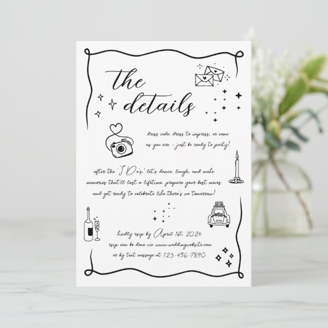 Hand drawn Fun Doodle Wedding Details Card (Standing Front)