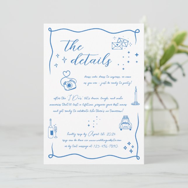 Hand drawn Fun Doodle White Blue Wed Details Card (Standing Front)