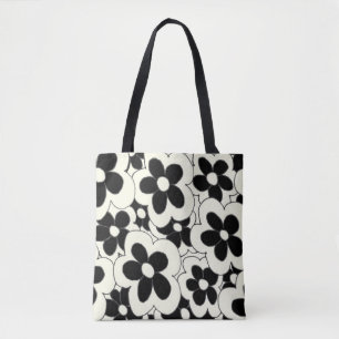 Hand drawn fun flower print black white tote bag