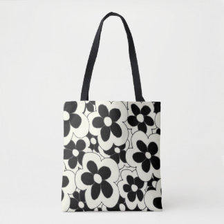 Hand drawn fun flower print black white tote bag