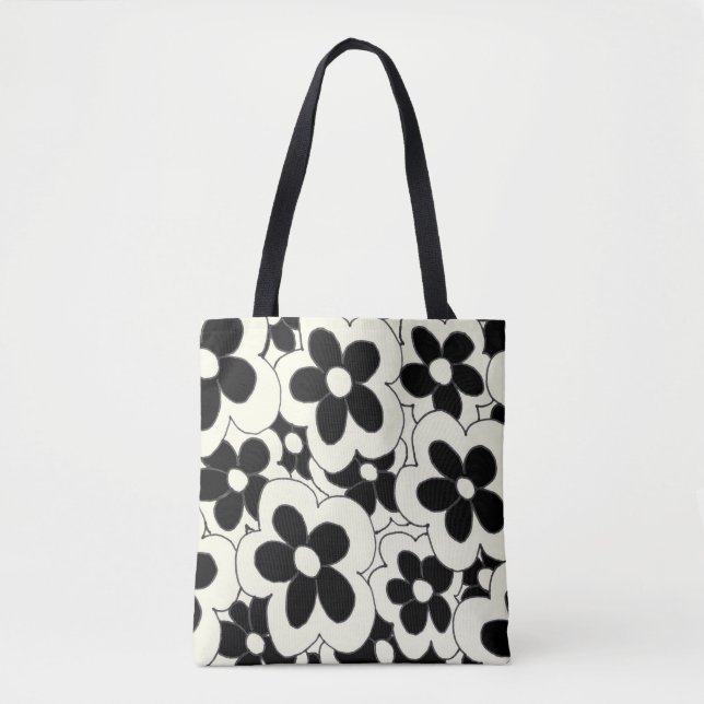 Hand drawn fun flower print black white tote bag (Front)