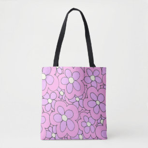 Hand drawn fun flower print pink purple tote bag