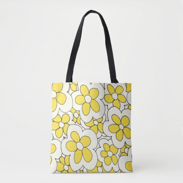 Hand drawn fun flower print yellow white tote bag (Front)