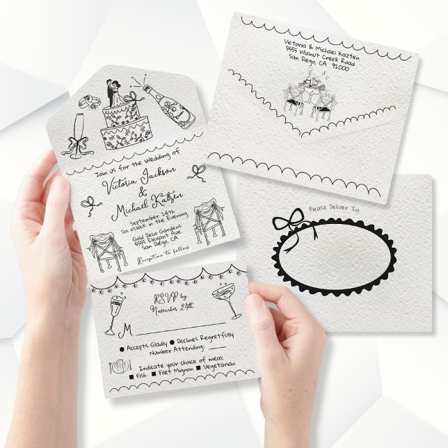 Hand Drawn funky doodle wedding All In One Invitation (Creator Uploaded)
