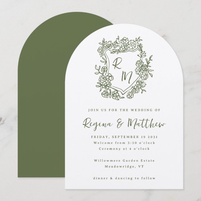 Hand Drawn Funky Floral Crest Monogram Wedding Invitation (Front/Back)