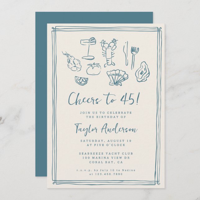 Hand Drawn Funky Nautical Beach 45th Birthday Invitation (Front/Back)