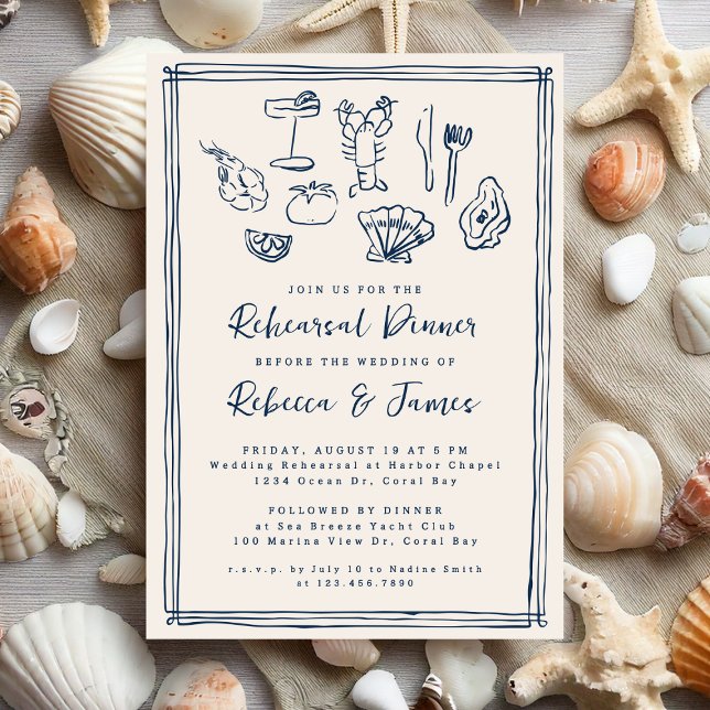 Hand Drawn Funky Nautical Beach Wedding Rehearsal Invitation (Creator Uploaded)