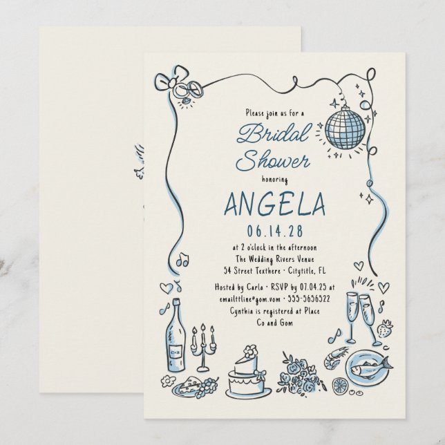 Hand Drawn Funky Whimsical Disco Bridal Shower Invitation (Front/Back)