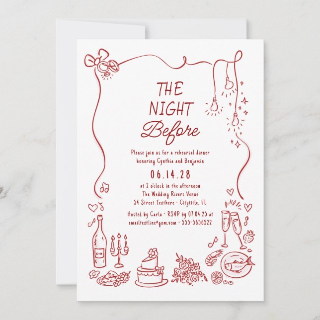 Hand Drawn Funky Whimsical Rehearsal Dinner Invitation (Front)