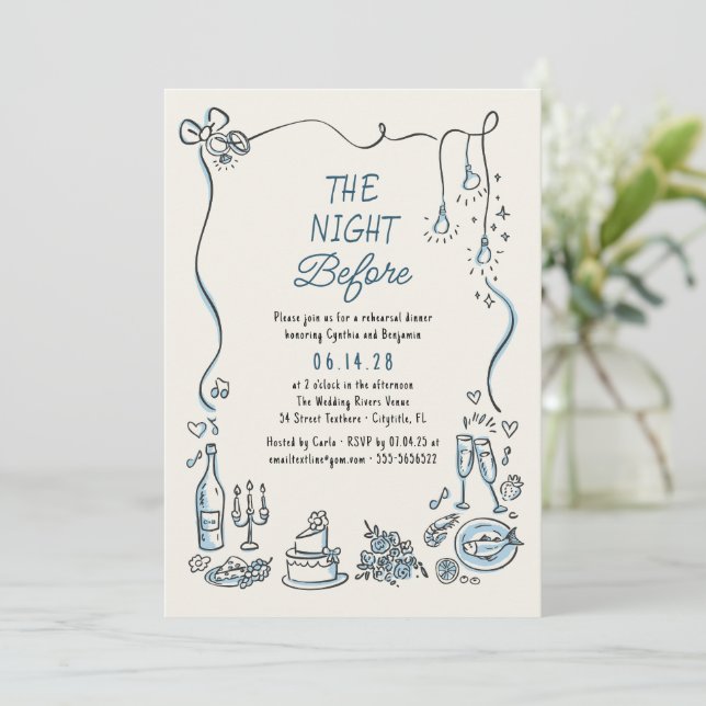 Hand Drawn Funky Whimsical Rehearsal Dinner Invitation (Standing Front)