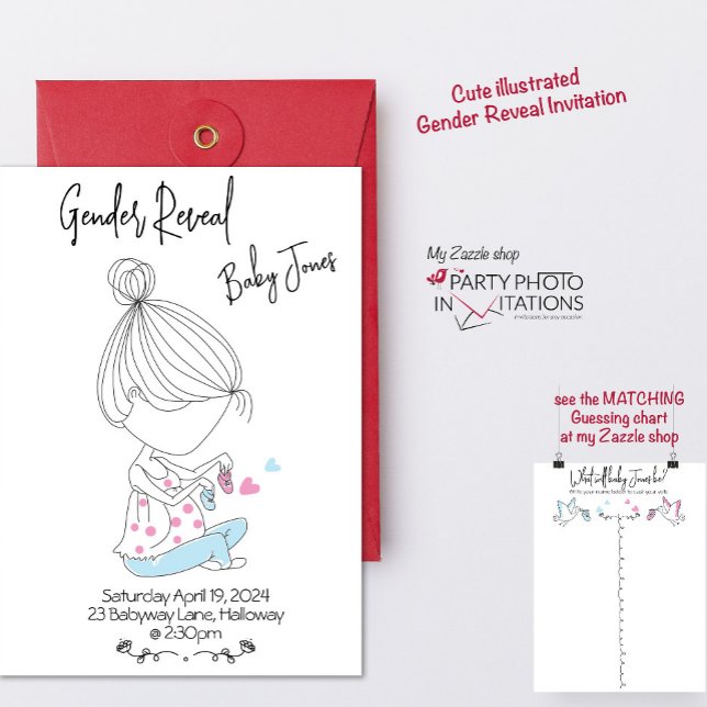 Hand drawn Gender Reveal Invitation (Gender reveal invitation and Matching guessing chart)
