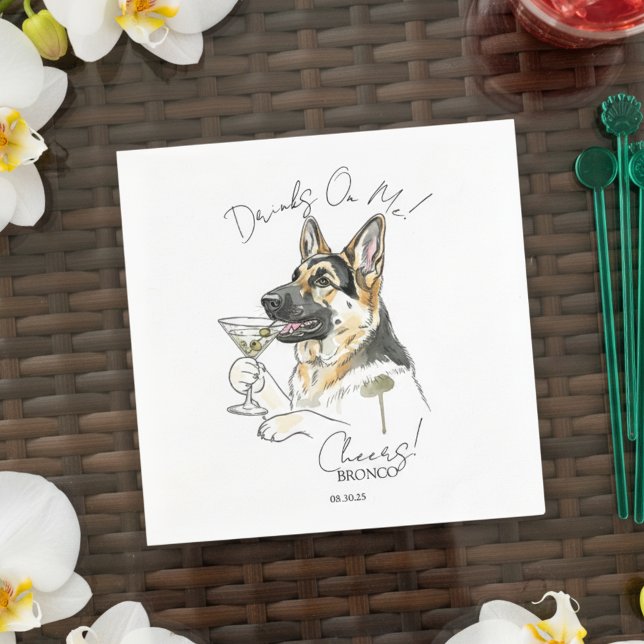 Hand Drawn German Shepherd Martini Open Bar  Napkin (Toast your pet with this custom hand drawn german shepherd martini cocktail napkin!)