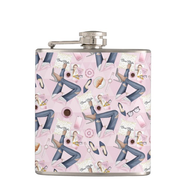 Hand Drawn Girl Boss Hip Flask (Front)