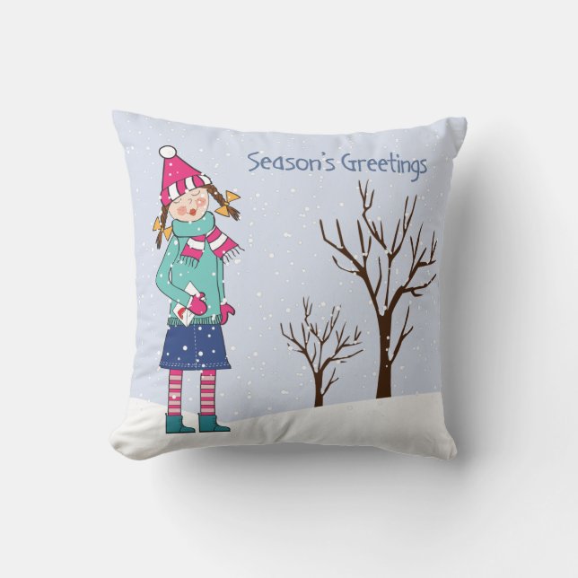 Hand Drawn Girl in a Winter Scene Cushion (Front)