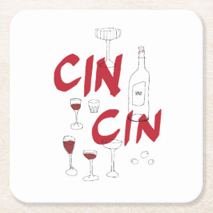 Hand-drawn glasses and bottle cin cin text square paper coaster
