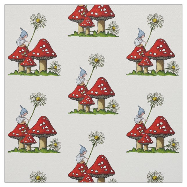 Hand Drawn Gnome Girl on Toadstools, Fantasy Art Fabric (Swatch)