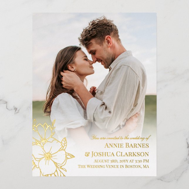 Hand Drawn Gold Foil Lineart Flowers Photo Wedding Invitation Postcard (Front)