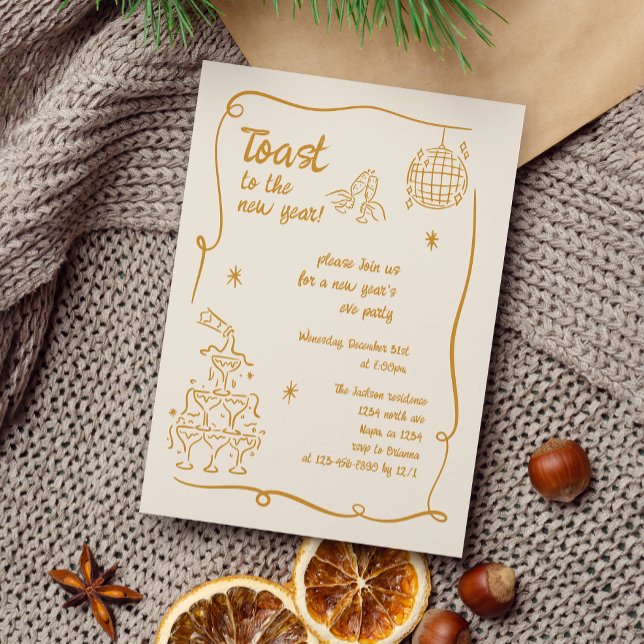 Hand Drawn Gold Illustrated New Years Eve Party Invitation (Creator Uploaded)