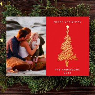 Hand Drawn Gold Line Red Christmas Tree   Photo Foil Holiday Card