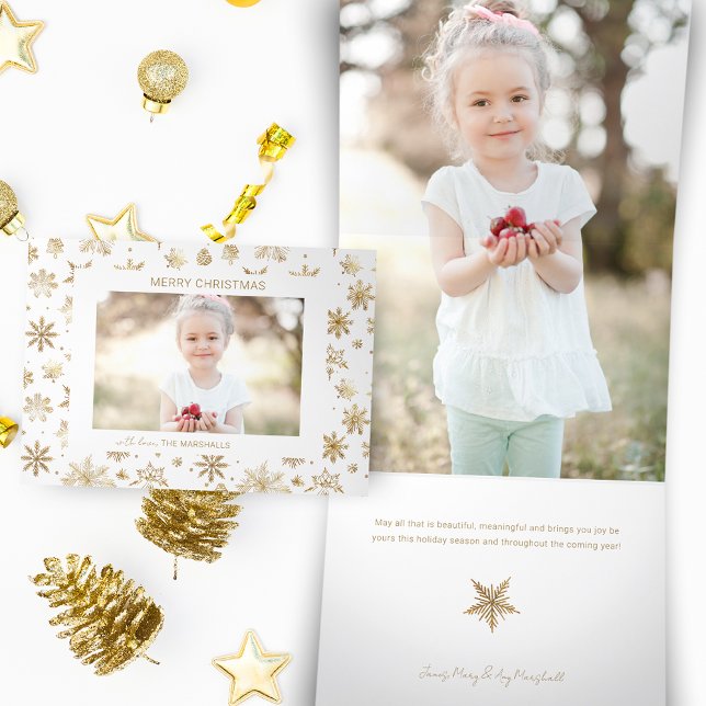Hand Drawn Gold Snowflake Christmas Photo Tri-Fold Holiday Card (Creator Uploaded)