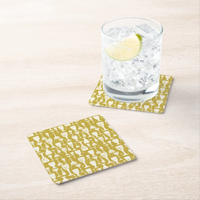 Hand Drawn Gold Vintage Champagne Flutes Square Paper Coaster (Insitu)