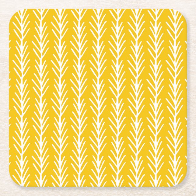 Hand Drawn Gold Wheat Pattern Square Paper Coaster (Front)