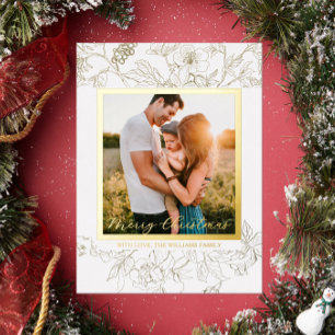 Hand Drawn Gold & White Floral Merry Christmas Foil Holiday Card