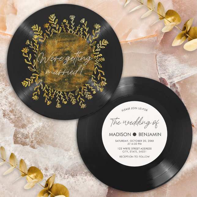 Hand-drawn Gold Wildflower Vinyl Lp Record Wedding Invitation (Front/Back)